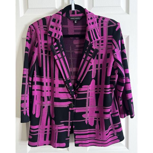 Ming Wang Jackets & Blazers - MING WANG Purple Black Abstract Soft Knit Tailored Blazer Jacket Sz L